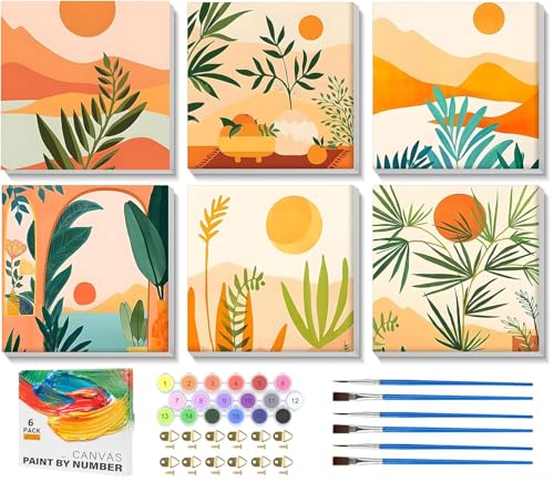 ARTOWN 6 Stück Malen Nach Zahlen Erwachsene DIY Paint by Numbers Handgemalt Ölgemälde Kits mit Pinseln und Acrylfarben Leinwand für Kinder Anfänger Ohne Rahmen Orange Landschaft 20x20cm von ARTOWN