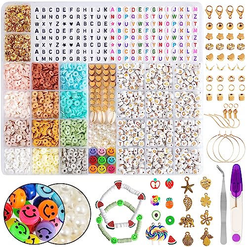 ARTREE 2500+ Bracelet Beads, 6mm, 9 Colors Polymer Clay Beads, Colorful Beads with Gold Letters, Smiley Faces, Shells, Beads and Charms for Bracelet Making von ARTREE
