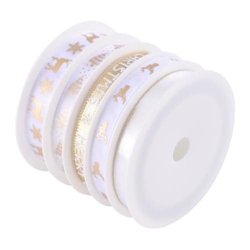 ARTSEWPLY 5 Rollen Teiliges Weihnachts Dekoband Breit Lang Gedrucktes Geschenkband in Weiß und Gold Vielseitig für Geschenkverpackung Party und DIY Weihnachtsdekoration von ARTSEWPLY