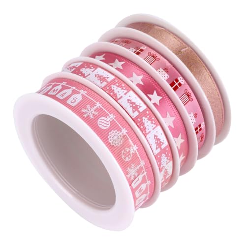 ARTSEWPLY 5 Rollen Teiliges Weihnachtsband Rosa Bedrucktes Geschenkband Breit Dekoratives Bastelband für Geschenke Weihnachtsbaumdeko Party und DIY Dekoration von ARTSEWPLY