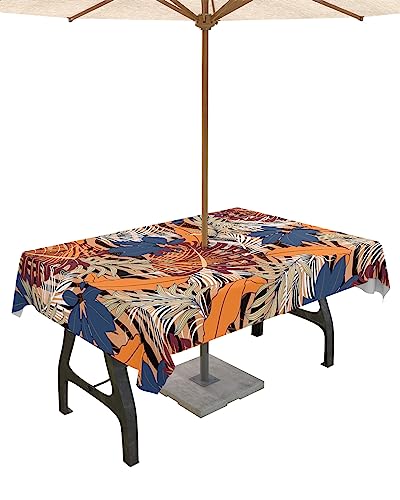 Dschungel-Tischdecke für den Außenbereich, rechteckig, mit Schirmloch und Reißverschluss, wasserdichtes Polyestergewebe, künstlerisches Aquarell, tropische Dschungelpalmenblätter, Orange von ARTSHOWING