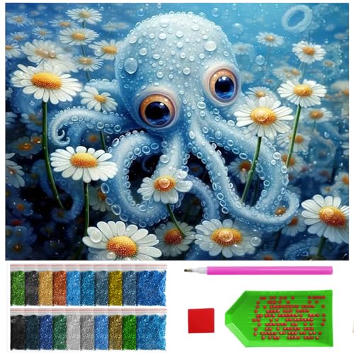 ARTULIO Diamond Painting Set - Krake zwischen Blumen - 30x40 cm – 5D Diamant Painting Bilder DIY, Diamond Painting Erwachsene von ARTULIO