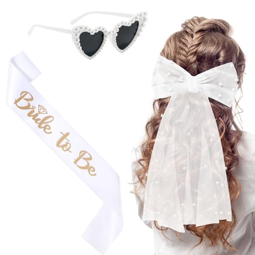 3 Stück Bride To Be Deko | JGA Accessoires Frauen | Weiß Schleier Braut | Bride To Be Schärpe | Herz Sonnenbrille | Bachelorette Party Accessories für Junggesellenabschied Frauen JGA Deko Frauen von ARWIG