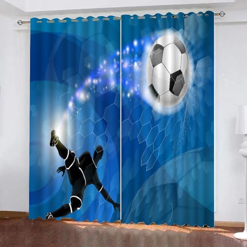 ARiXIaNg Gardinen Kinderzimmer Fußball 3D Verdunklungsvorhänge 2er Set mit Ösen Sport Blau 3D Polyester Verdunkelungsvorhang für Wohnzimmer Wohnkultur 2-Set (234x183 cm) von ARiXIaNg