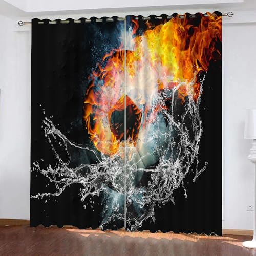ARiXIaNg Vorhang Fußball Blickdicht Schallschutz Gardinenmit Ösen 2er Set Kindervorhänge Polyester 3D Drucken Bewegung Wasser Und Feuer Verdunkelungsvorhang für Wohnzimmer Schlafzimmer (200x200 cm) von ARiXIaNg