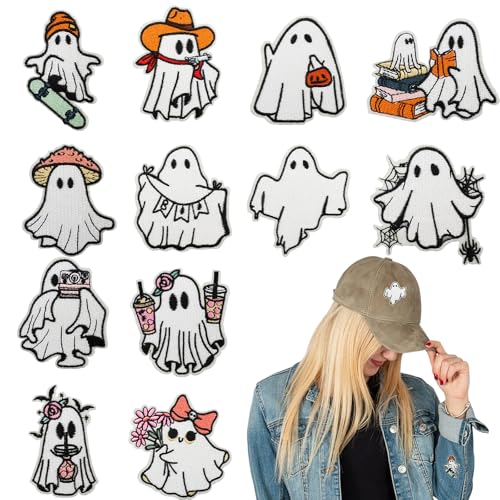 12 x Halloween-Aufnäher zum Aufbügeln, niedlich, lustig, Geist, bestickt, Wärmeübertragung, Halloween-Thema, kleine Aufnäher für T-Shirt, Kleidung, Jacke, Jeans, Kleid, Rucksack, Hut 12 x Halloween-Aufnäher zum Aufbügeln, niedlich, lustig, Geist, bestickt, Wärmeübertragung, Halloween-Thema, kleine Aufnäher für T-Shirt, Kleidung, Jacke, Jeans, Kleid, Rucksack, Hut von ASABITE