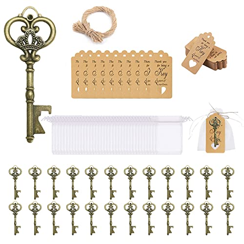 ASANMU Gastgeschenke Hochzeit für Gäste, 24 Stück Vintage Schlüssel Flaschenöffner + Organza Beutel + Kraftpapier + Natürlicher Jute für Babyfeier Partygäste Dankeschön Geschenke Kollegen Bieröffner von ASANMU