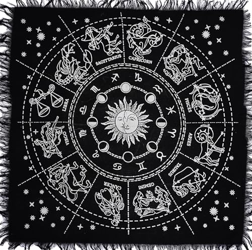 ASAV Altartuch, Tarotkarten, quadratische Tischserviette, Hexereibedarf, Tischdecke, schwarzes Horoskopzeichen, Sternzeichen, Kreis, Decktuch mit Fransen (91 x 91 cm), Silber) von ASAV