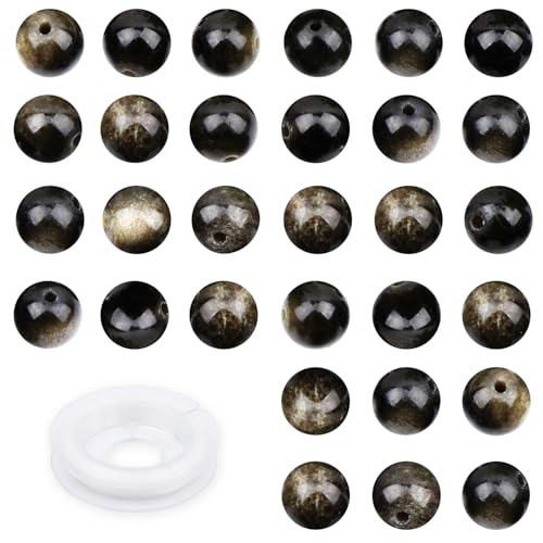 Natürliche Steine, echte Steine, runde Perlen zum Selbermachen, 8 mm, 100 Stück, lose Edelstein-Lochgröße 1 mm, glatte Perlen für Armbänder, Halsketten, Ohrringe (goldener Obsidian, 8 mm) von ASDJHFABKY