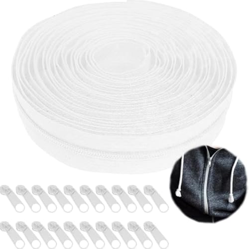 #3 Nylon-Spiralreißverschluss, 9,1 m, Reißverschlussrolle zum Nähen, Nylonspule mit 20 schwarzen Schiebern für Heimwerker, Nähen, Schneider, Handwerk, Bages (Weiß, #3) von ASEANAO