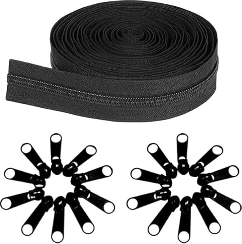 #5 Nylon-Spiralreißverschluss, 9,1 m, Reißverschlussrolle zum Nähen, Nylonspule mit 20 schwarzen Schiebern für Heimwerker, Nähen, Schneider, Handwerk, Bages (Schwarz, Nr. 5) von ASEANAO