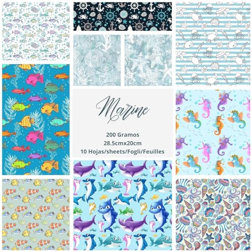 ASENME Scrapbooking-Papierbögen, gemustertes Papier im A4-Format, 10 Blatt Papier (Marine, 10 Einheiten) von ASENME