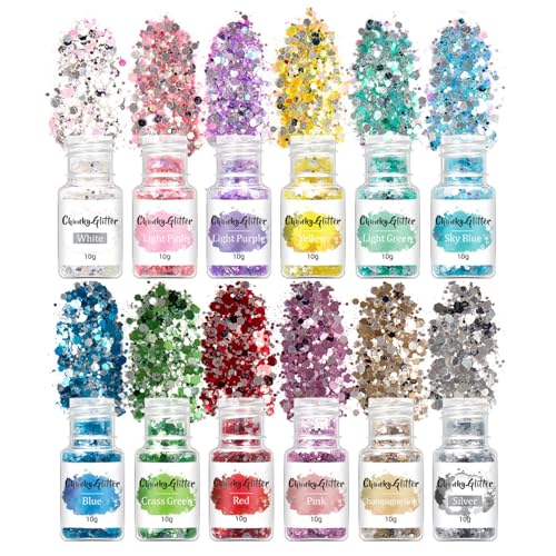 12 Farben holografische Pailletten 144 g Schillernde Glitzerflocken für Gesicht Pailletten für Gesicht, Körper, Augen, Nail Art Epoxidharz für Halloween Karneval Party (Galaktischer Glanz) 12 Farben holografische Pailletten 144 g Schillernde Glitzerflocken für Gesicht Pailletten für Gesicht, Körper, Augen, Nail Art Epoxidharz für Halloween Karneval Party (Galaktischer Glanz) von ASFWAGQ