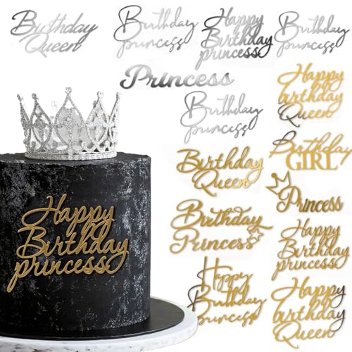 14 Stück Happy Birthday Cake Topper Set,Queen Cupcake Topper,Prinzessin Küchendeko,Acryl Tortendeko für Mädchen,Gold Silber Wiederverwendbare Kuchen Deko für Geburtstag von ASFWAGQ