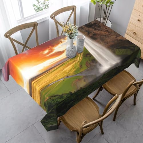 ASFgda Rechteckige Tischdecke mit Island-Wasserfall-Flussfeld, Sonnenuntergang, 89 x 140 cm, knitterfrei, waschbar, Tischdecke für Essen/Party/Buffet/Hochzeit von ASFgda