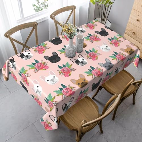 ASFgda Rechteckige Tischdecke mit französischer Bulldogge und Blumen, knitterfrei, waschbar, für Essen/Party/Buffet/Hochzeit, 89 x 140 cm von ASFgda