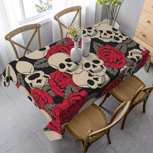 ASFgda Rechteckige schwarze Tischdecke mit Totenkopf mit Rosen, 89 x 140 cm, knitterfrei, waschbar, Tischdecke für Essen/Party/Buffet/Hochzeit von ASFgda