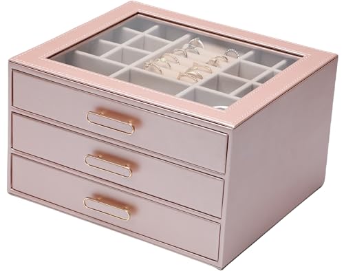 ASINGYER Schmuckschatulle für Damen, Glasdeckel, Schmuck-Organizer mit 3 Schubladen für Halsketten, Ringe, Ohrringe, Armbänder (Roségold) von ASINGYER
