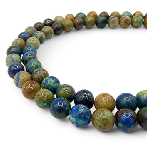 Namibischer Azurit-Malachit mit Chalkocitperlen aus Südafrika (seltene, lebendige blaugrüne Farbe – eine atemberaubende Fusion aus Azurit und Malachit), für Schmuckherstellung, glatt, rund, 10 mm von ASKFNASDKMFN