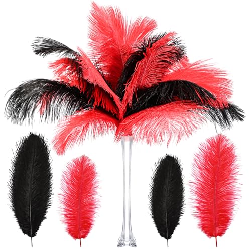 Natürliche Straußenfedern aus den 1920er-Jahren, Großpackung 25,4 - 30,5 cm, natürliche große Federn für Hochzeit, Tanz, Geburtstag, Party, Tafelaufsatz, Karnevalsdekoration, Rot, Schwarz, 60 Stück Natürliche Straußenfedern aus den 1920er-Jahren, Großpackung 25,4 - 30,5 cm, natürliche große Federn für Hochzeit, Tanz, Geburtstag, Party, Tafelaufsatz, Karnevalsdekoration, Rot, Schwarz, 60 Stück von ASKFNASDKMFN