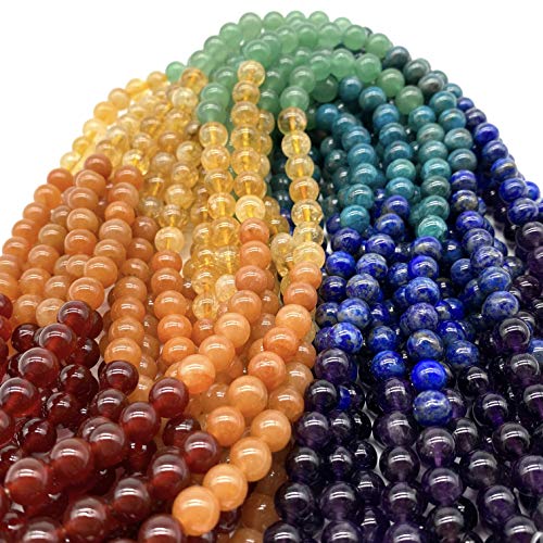 Sieben Chakra-Perlen (die ultimative Kombination der stärksten Energiesteine) Honig-Citrin, Amethyst, Apa, Lapislazul, Karneol, grüner Aventurin, Pfirsich-Aventurin, glatt, rund, 10 mm von ASKFNASDKMFN
