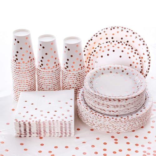 201 Stück Einweggeschirr Rosa Gold Geburtstag – Partygeschirr Set mit Tellern Bechern Servietten Tischdecke – Hochzeit Verlobung Baby Shower Party Mädchen – 50 Gäste von ASMIZ