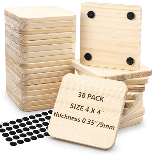 38 Untersetzer aus unbehandeltem Holz, 10 x 10 cm, mit 150 rutschfesten Pads – Quadratische aus Holz für kreative Hobbys, Malerei, Gravur, DIY, Geschenk für Haus, Ostern, Hochzeit von ASMIZ