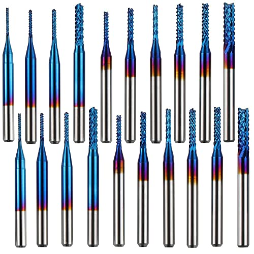 ASNOMY 20Pcs Nano Blue Coat Schaftfräser CNC Gravierfräser, 0.8-3.175mm CNC Spiralfräser Router Bits mit 1/8" Schaft, CNC Fräser-Satz für Kunststoff, Aluminium, Leiterplatten, Holz von ASNOMY