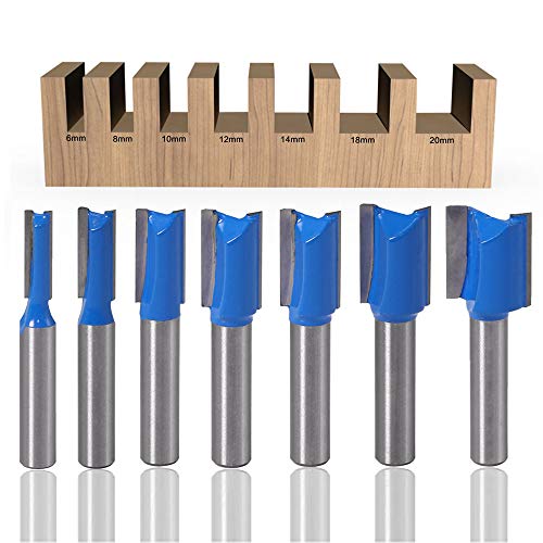 ASNOMY 7 Stück 8mm Schaft Nutfräser Set, 6mm 8mm 10mm 12mm 14mm 18mm 20mm Fräser Router Bits, Holz Gerade Router Bit Set, Hartmetall Fräsen Werkzeug Set für Holzbearbeitung, Rillenmeißel-Bits von ASNOMY