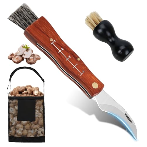 ASOFTY Pilzmesser mit Bürste und Pilztasche, Holzgriff Pilzmesser, Tragbares Pilzsammler Messer, Taschenmesser, Klappmesser für Champignon, Trüffel von ASOFTY