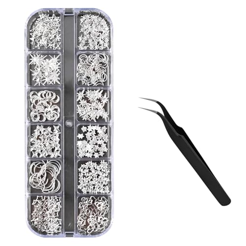 ASOMI 12 silberfarbene Mondstern Metallic Nagel Charms Mit Pinzette, 3D Y2K Schmuck Strass Stahl Kugel Nail Art Dekoration, Maniküre Zubehör, DIY Nagel Edelsteine ASOMI 12 silberfarbene Mondstern Metallic Nagel Charms Mit Pinzette, 3D Y2K Schmuck Strass Stahl Kugel Nail Art Dekoration, Maniküre Zubehör, DIY Nagel Edelsteine von ASOMI