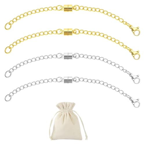 ASOMI 2 Stück silberne und 2 Stück goldene Kettenverlängerungen für Halsketten 10cm, Mit Aufbewahrungstasche, stabile magnetische Halskettenverschlüsse ASOMI 2 Stück silberne und 2 Stück goldene Kettenverlängerungen für Halsketten 10cm, Mit Aufbewahrungstasche, stabile magnetische Halskettenverschlüsse von ASOMI