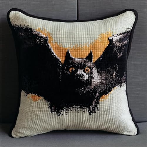 ASONGLINGO DIY Knotting Set Beginners Latch Cushion with Pre-Print Cushion Cover for Beginners and Adults, Knüpfen Set Kissen Knüpfen Handarbeit 43x43cm(Cartoon-Fledermaus) von ASONGLINGO