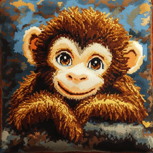 ASONGLINGO DIY Latch Cushion, Tier Affe Latch Hook Kits, Embroidery Rug Set, Handmade Crochet Cushion, Knüpfkissen Set für Erwachsene, 43x43cm von ASONGLINGO