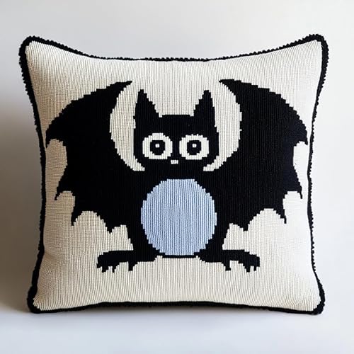 ASONGLINGO DIY Latch Cushion with Pre-Print Cross Stitch Sofa Cushion Cover Tool Teppich Knüpfen Set Erwachsene Kissen Knüpfen Set Kissenbezüge 43x43cm(Schwarze Fledermaus) von ASONGLINGO