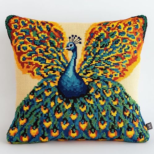 ASONGLINGO DIY Latch Cushion with Pre-Print Cross Stitch Sofa Cushion Cover Tool Teppich Knüpfen Set Erwachsene Kissen Knüpfen Set Kissenbezüge 43x43cm(Tierischer Pfau) von ASONGLINGO
