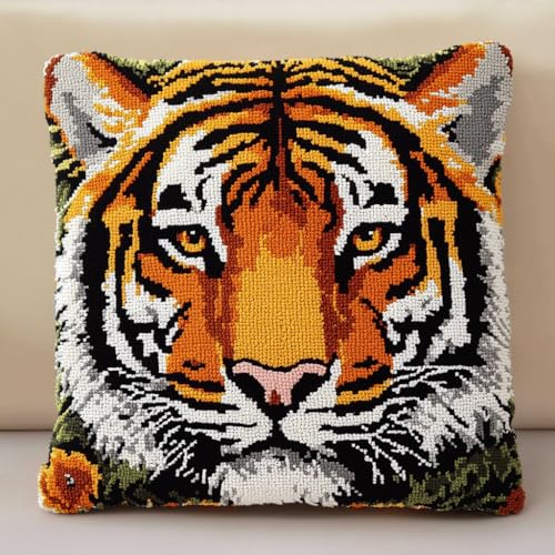 ASONGLINGO DIY Latch Cushion with Pre-Print Cross Stitch Sofa Cushion Cover Tool Teppich Knüpfen Set Erwachsene Kissen Knüpfen Set Kissenbezüge 43x43cm(Tiertiger) von ASONGLINGO