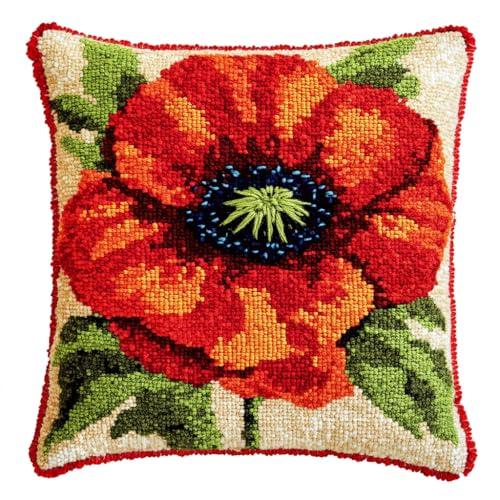 ASONGLINGO DIY Latch Hook Cushion Kit Latch Hook Set Sofa Cushion Cover, Stickset Erwachsene 43x43cm(Rote Blumen) von ASONGLINGO