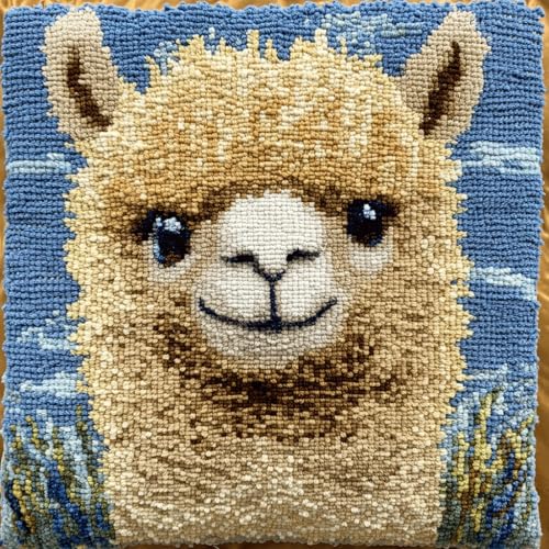 ASONGLINGO Knüpfkissen-Set, knüpfkissen knüpfset, Knüpfsets, Diy, Handgefertigtes Kissen, Häkelgarn, Stickset, Kissenbezug 43x43cm(Tier Alpaka) von ASONGLINGO
