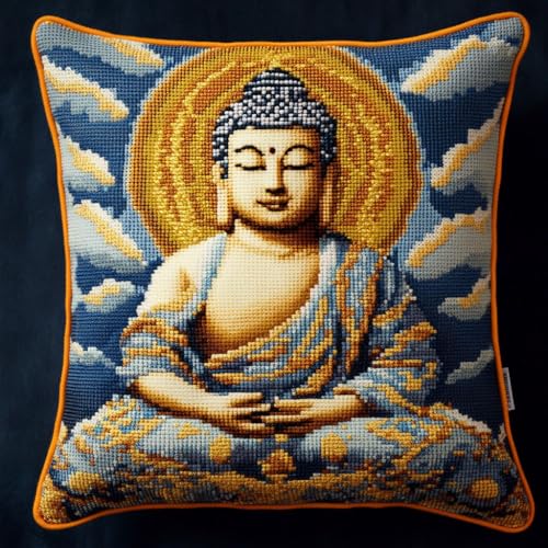 ASONGLINGO Knüpfkissen-Set, knüpfkissen knüpfset, Knüpfsets, Diy, Handgefertigtes Kissen, Häkelgarn, Stickset, Kissenbezug 43x43cm(Wolken und Buddha-Statuen) von ASONGLINGO