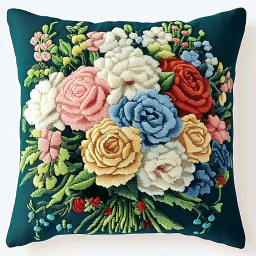 ASONGLINGO Knüpfkissen Set Latch Hook Kissen Kit Knüpfteppich Knüpfpackung Set, Sofakissenbezug,DIY Kissen Knüpfset Mit Anleitung 43X43cm(Bunter Blumenstrauß) von ASONGLINGO