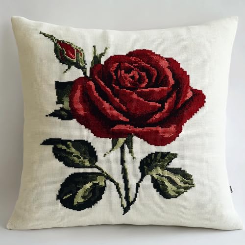 ASONGLINGO Knüpfkissen Set Latch Hook Kissen Kit Knüpfteppich Knüpfpackung Set, Sofakissenbezug,DIY Kissen Knüpfset Mit Anleitung 43X43cm(Rote Rosenblüte) von ASONGLINGO