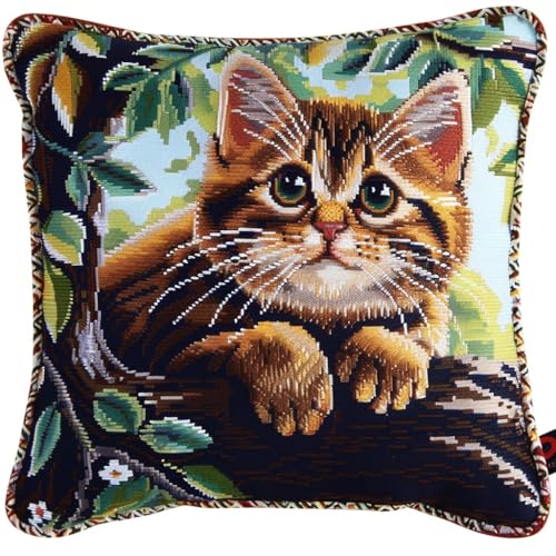 ASONGLINGO Knüpfkissen Set Latch Hook Kissen Kit Knüpfteppich Knüpfpackung Set, Sofakissenbezug,DIY Kissen Knüpfset Mit Anleitung 43X43cm(Tier Katze) von ASONGLINGO