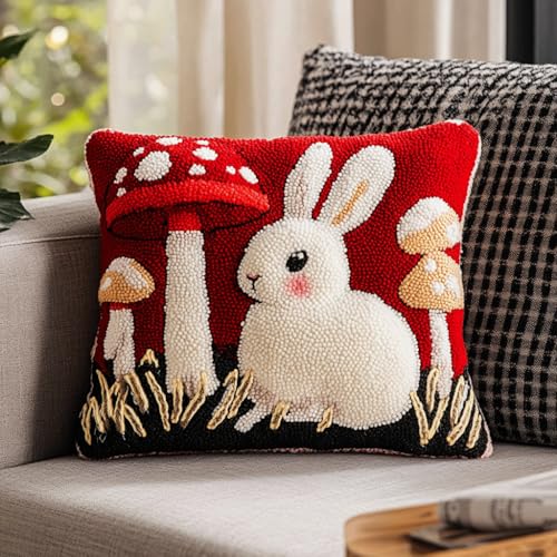 ASONGLINGO Knüpfkissen Set Latch Hook Kissen Kit Knüpfteppich Knüpfpackung Set, Sofakissenbezug,DIY Kissen Knüpfset Mit Anleitung 43X43cm(Tierkaninchen und Pilze) von ASONGLINGO