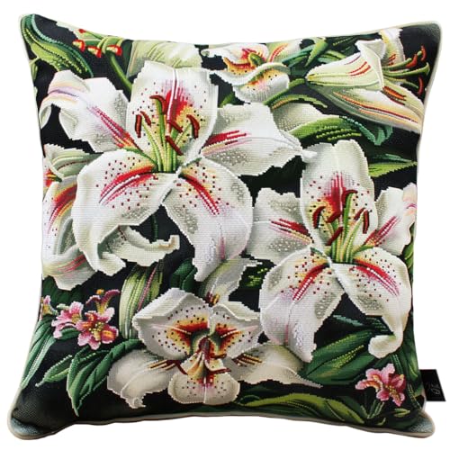 ASONGLINGO Knüpfkissen Set Latch Hook Kissen Kit Knüpfteppich Knüpfpackung Set, Sofakissenbezug,DIY Kissen Knüpfset Mit Anleitung 43X43cm(Weiße Lilienblüte) von ASONGLINGO