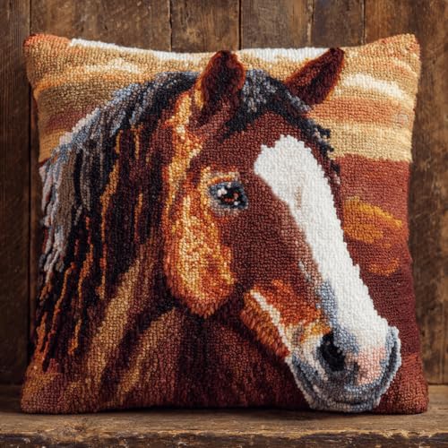 ASONGLINGO Knüpfkissen Set Tier Pferd Latch Hook Kissen Kit Knüpfteppich Knüpfpackung Set, Sofakissenbezug,DIY Kissen Knüpfset Mit Anleitung 43X43cm von ASONGLINGO