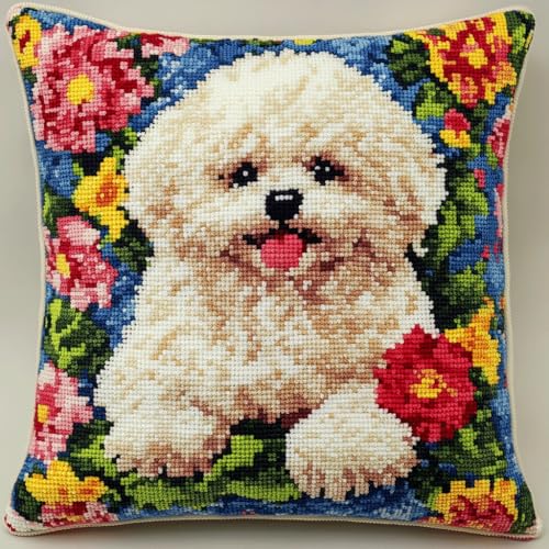 ASONGLINGO Knüpfkissen Set Tiere, Hunde und Blumen Latch Hook Kissen Kit Knüpfteppich Knüpfpackung Set, Sofakissenbezug,DIY Kissen Knüpfset Mit Anleitung 43X43cm von ASONGLINGO