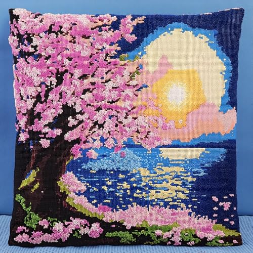 ASONGLINGO Kreuzstich Knüpfkissen Zum Selber knüpfen Kissen Set Knüpfpackungen Für Anfänger, Diy-Kissen, latch hook kits,Heimdekoratio 43x43cm(Blumen, Bäume und Landschaft) von ASONGLINGO