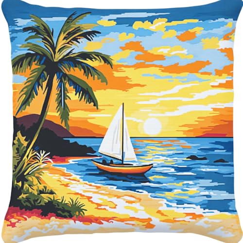 ASONGLINGO Kreuzstich Knüpfkissen Zum Selber knüpfen Kissen Set Knüpfpackungen Für Anfänger, Diy-Kissen, latch hook kits,Heimdekoratio 43x43cm(Ozean-Segelboot-Landschaft) von ASONGLINGO