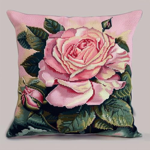 ASONGLINGO Kreuzstich Knüpfkissen Zum Selber knüpfen Kissen Set Knüpfpackungen Für Anfänger, Diy-Kissen, latch hook kits,Heimdekoratio 43x43cm(Rosa Blüten) von ASONGLINGO
